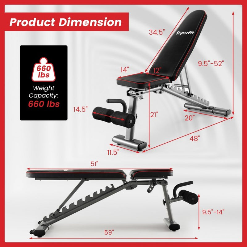 660 LBS Strength Training Bench with 10 Back and 3 Seat for Full Body Workout